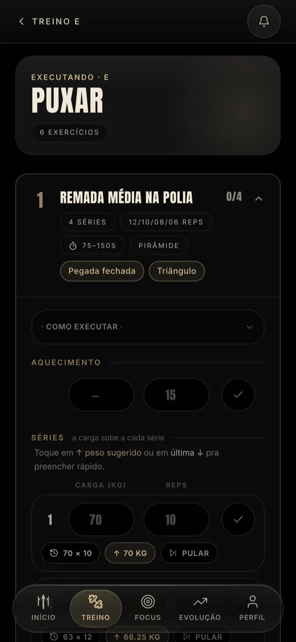 Tela de execução: remada média na polia, quatro séries em pirâmide, com o peso da última sessão e o peso sugerido pra série de agora.